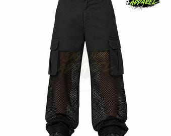 Black Mesh Cargo Pants for Men Women | Sheer Wide Leg Goth Pants | Y2K Punk Streetwear | Festival Rave Techwear | Alternative Clothing