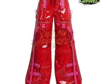 Pantalones cargo de PVC estilo cyberpunk, estilo techwear gótico con tirantes, pantalones de pierna ancha.
