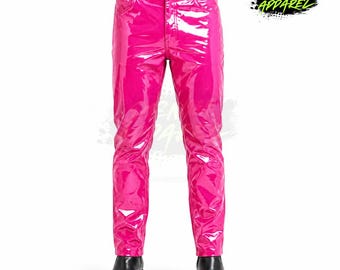 Men's Glossy Patent PVC Pants, Red Vinyl Straight Leg Trousers, Gothic Punk Streetwear