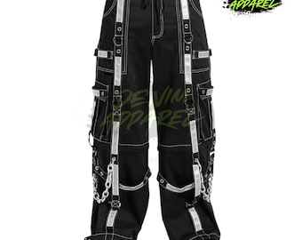 Black Reflective Cargo Pants, Wide Leg, Gothic Chain Strap, Unisex Alt Clothing