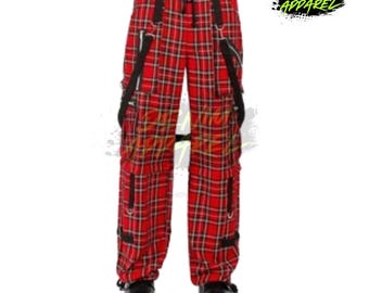 Pantalones cargo ciberpunk negros y rojos, pantalones de tartán gótico punk, pantalones holgados de pierna ancha estilo streetwear (unisex)