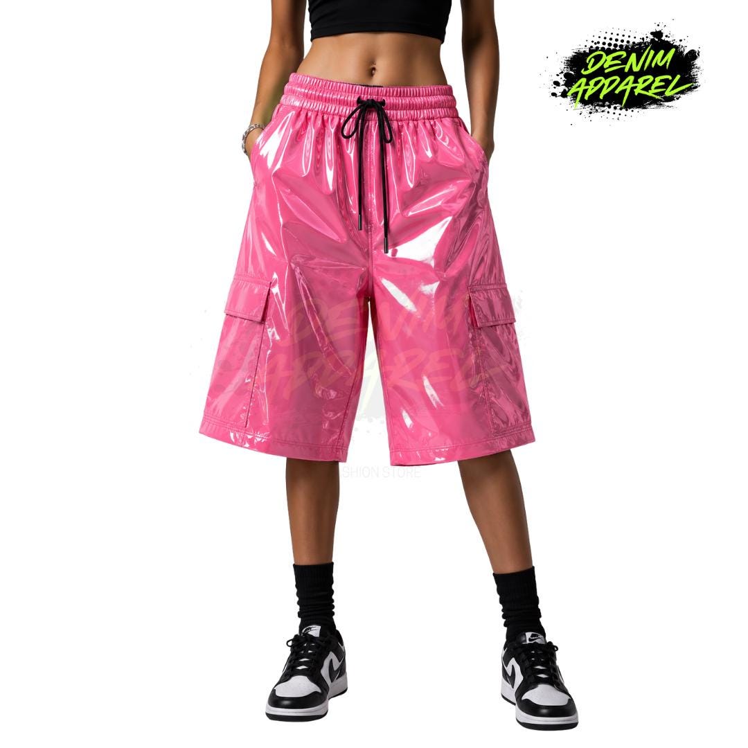 Unisex Glossy PVC Cargo Shorts, Baggy Vinyl Streetwear Shorts, Y2K Rave Festival Wear