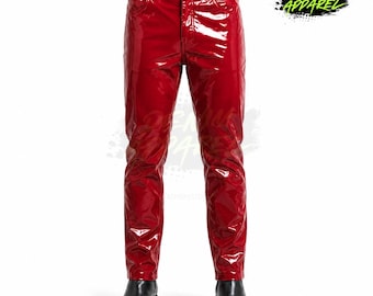 Herren Glanzlack PVC Hose, rote Vinyl Hose mit geradem Bein, Gothic Punk Streetwear