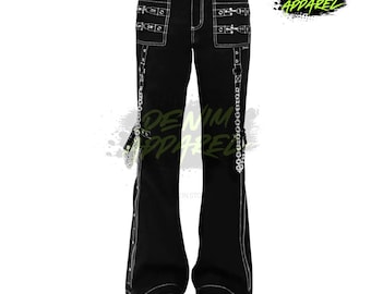 Pantalones acampanados góticos negros, pantalones punk Y2K con cadena, mezcla de mezclilla estilo grunge streetwear