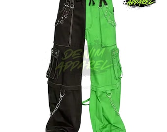 Pantaloni cargo bicolore Y2K, streetwear gotico nero neon, pantaloni larghi a gamba larga