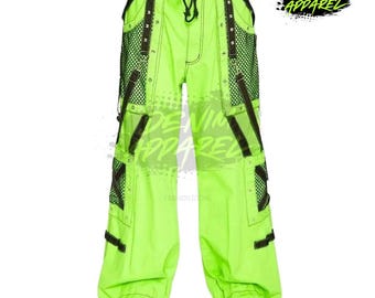Neon Green Cyberpunk Cargo Pants, Y2K Techwear Baggy Trousers, Festival Rave Streetwear