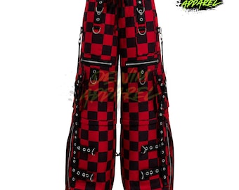 Spodnie cargo w czerwono-czarną kratkę Cyberpunk, szerokie nogawki Techwear