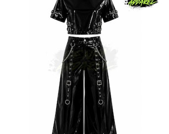 Black PVC Crop Top & Wide-Leg Pants Set | Gothic Punk Cyberpunk Streetwear Outfit
