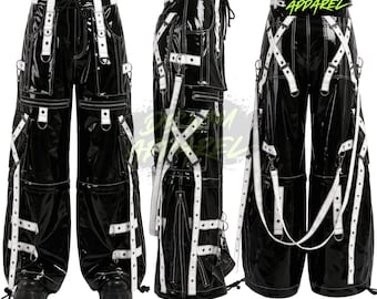 Pantalones cargo de PVC negro estilo techwear, pantalones anchos de estilo streetwear Y2K, atuendo cyberpunk gótico para fiestas rave.