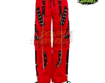 Red Wide Leg Cargo Pants, Gothic Chain Strap Streetwear Trousers