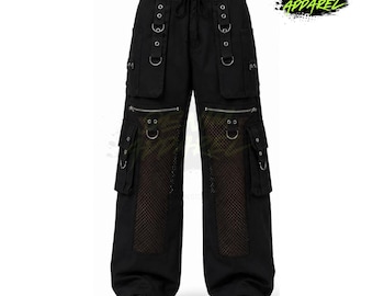 Gothic Mesh Cargohose Übergroße Techwear Hose, Punkhose mit weitem Bein, Y2K Streetwear, Cyberpunk Unisex Alt Kleidung