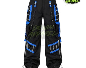 Czarno-niebieskie spodnie cargo Techwear, spodnie użytkowe Y2K Streetwear Chain