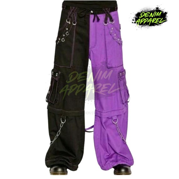 高品質 STYLISH TWO-TONE PANTS【PURPLE×BLACK】 Y2K Split Color Cargo Pants, Black Neon Goth Streetwear, Baggy