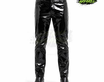 Herren Glanzlack PVC Hose, rote Vinyl Hose mit geradem Bein, Gothic Punk Streetwear