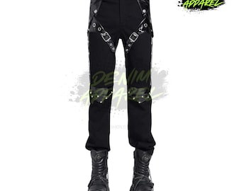 Black Goth Wide Leg Cargo Pants, Punk Lace Up Denim Trousers