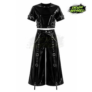 Black PVC Crop Top | Gothic Patent Leather Look Shirt, Cyberpunk Buckle Detail