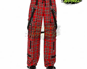 Black Red Cyberpunk Cargo Pants, Goth Punk Tartan Trousers, Wide Leg Baggy Streetwear (Unisex)