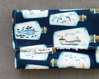 Nautical Ships & Sea Animals Burp Cloth for Baby Boy or Girl | Ocean-Themed Cotton Chenille Burp Cloth for Baby Gift or Baby Shower Gift