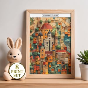 May include: A framed print of Barcelona, Spain, featuring a colorful, stylized cityscape with buildings in shades of orange, yellow, and green. The print is in a light wood frame. The text "BARCELONA, SPAIN" is at the top. A round sticker says "8 PRINT SET".