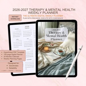 Planejador Digital de Terapia e Saúde Mental 2026/27, Folhas de Exercícios de TCC, Rastreador de Humor, Diário de Autocuidado para GoodNotes/iPad, Download Digital