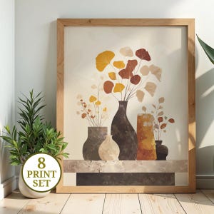 Arte mural abstracto de hojas y jarrones otoñales - Decoración SVG minimalista neutra