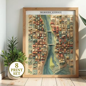May include: A framed 3D map of Melbourne, Australia, with a river running through the city. The artwork features a layered design with various colors, including beige, green, and red. The text "MELBOURNE, AUSTRALIA" is at the top. The image is labeled "8 PRINT SET".