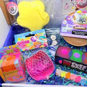 May include: A collection of sensory toys including a yellow star-shaped squishy, a Mystery Dumpling set, a Sugar Swaps melting cube, a pink mesh-covered squishy, a Gummy Bear box, a Teenie Nee Doh Fuzz Ball box, and small animal-shaped charms.