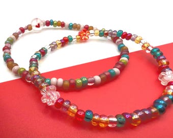 Seed Bead Garden Bracelet Set – Colorful Floral Stretch Bracelets with Heart Accent