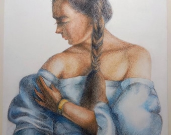 Pastelli secchi e matite su cartone, La Tresses Bleue è un'opera d'arte originale firmata, realizzata a mano e senza cornice.