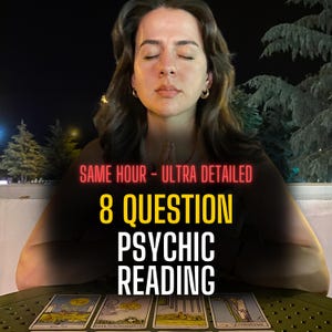May include: A person with closed eyes sits at a table with tarot cards. The image has text that reads "SAME HOUR - ULTRA DETAILED 8 QUESTION PSYCHIC READING". The background is dark with trees and lights.
