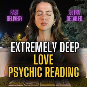 May include: An image featuring a woman with closed eyes, hands clasped in prayer, and text that reads "EXTREMELY DEEP LOVE PSYCHIC READING." Additional text includes "FAST DELIVERY" and "ULTRA DETAILED."