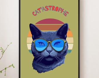 Funny Cat Art Print, Retro Cat with Sunglasses (Digital Download)