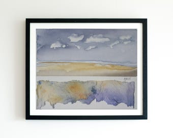 Original Watercolor Abstract Landscape Art - Coastal Sky and Beach Scene