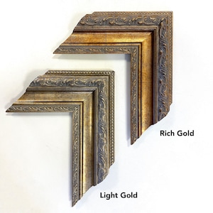 May include: Two ornate picture frame corners in gold tones. One is labeled "Rich Gold" and the other "Light Gold." Both have detailed floral and scrollwork designs, showcasing the frame's decorative elements.