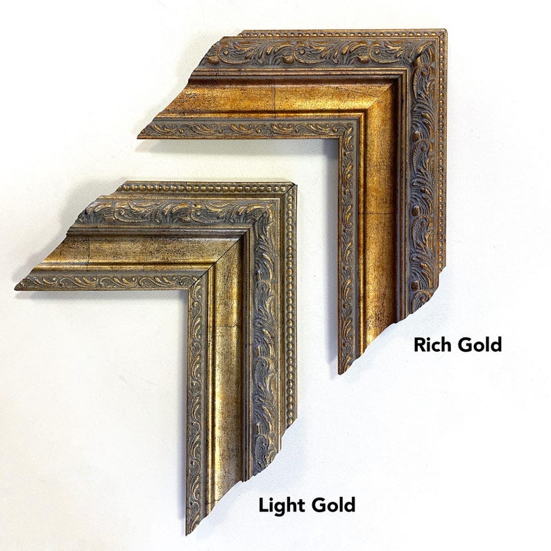 May include: Two ornate picture frame corners in gold tones. One is labeled "Rich Gold" and the other "Light Gold." Both have detailed floral and scrollwork designs, showcasing the frame's decorative elements.