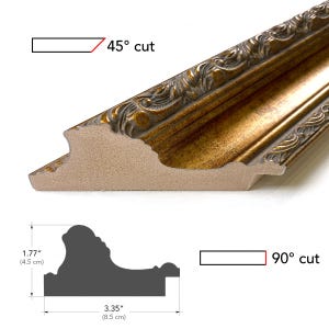 May include: Close-up of a section of a gold-colored picture frame with ornate detailing. The frame has a 45-degree cut and a cross-section diagram showing dimensions of 1.77 inches (4.5 cm) and 3.35 inches (8.5 cm).