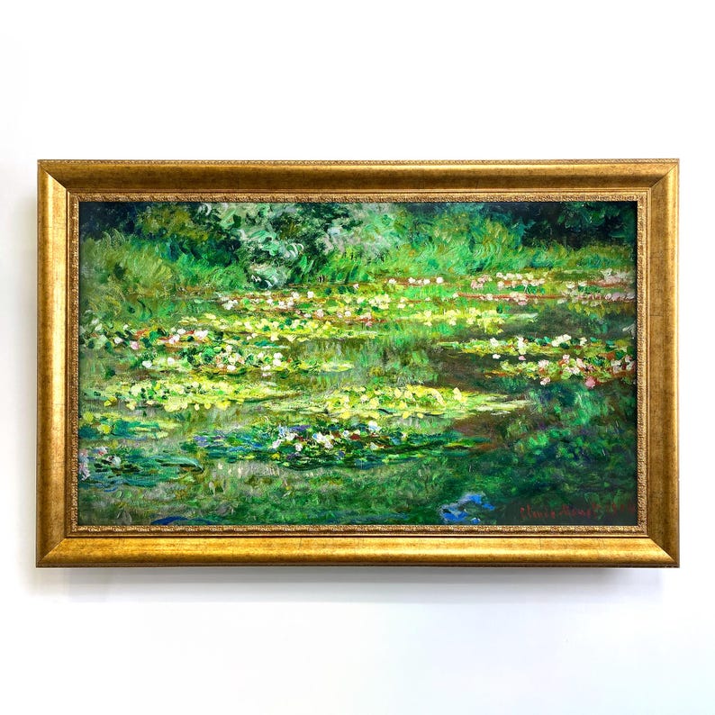 May include: A framed painting depicting a water garden with lily pads and flowers. The artwork has a gold frame and a vibrant colour palette of greens, yellows, and pinks. The painting shows a tranquil pond scene with abundant foliage.