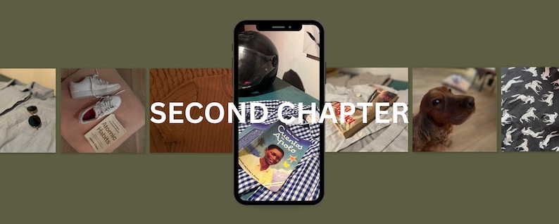 May include: A collage of images on a green background, including a white shirt with sunglasses, white sneakers, a brown sweater, a black helmet, a book, a dog, and a patterned fabric. The text "SECOND CHAPTER" is displayed.