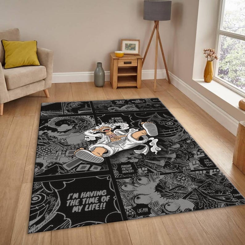 Luffy Gear 5 manga panel rug in an anime fan's room.