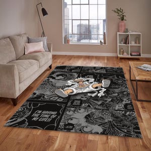 Manga collage rug in a man room.