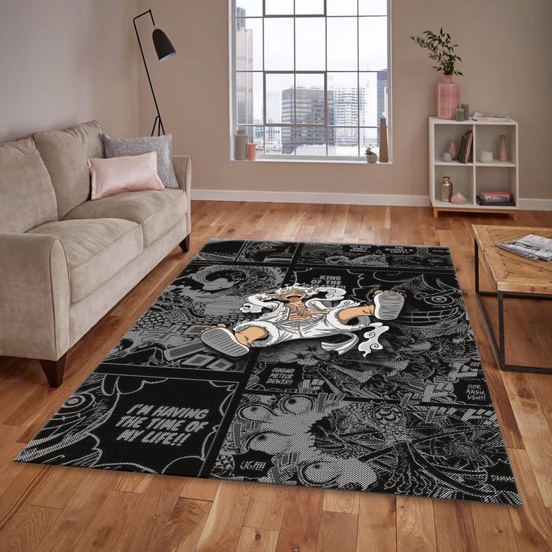 Manga collage rug in a man room.
