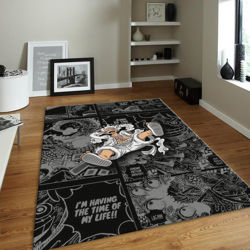Large Luffy Gear 5 rug on a living room floor.