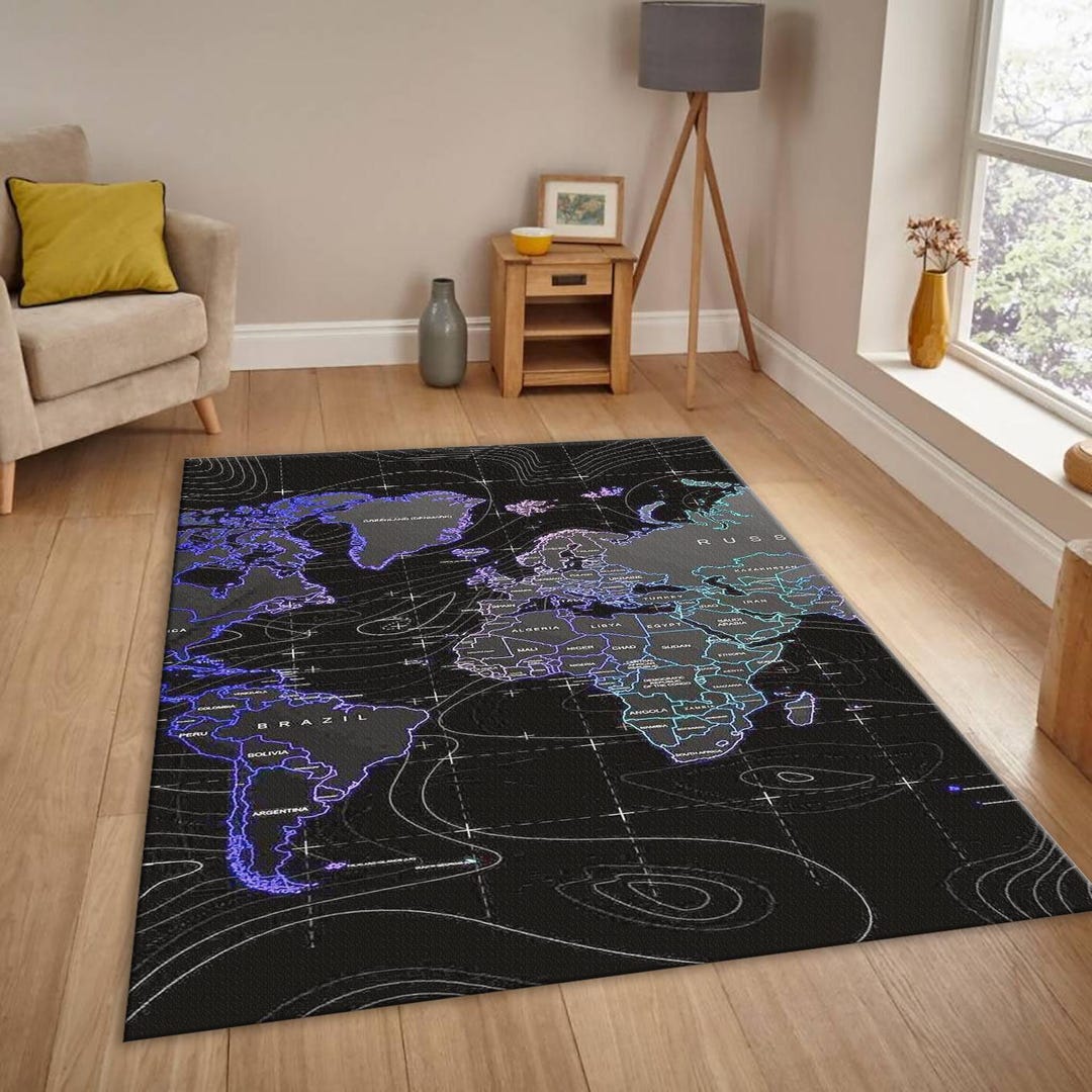 Technology Rug Neon World Map Rug, Cyberpunk Style | Blue Tech Aesthetic | Gamer Room ...