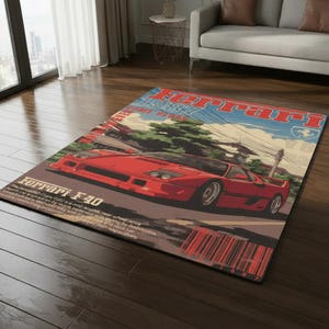 May include: A rectangular rug with a vintage design featuring a red Ferrari F40 sports car. The rug has a magazine cover style with the word "Ferrari" prominently displayed. The background includes a blue sky and a road.