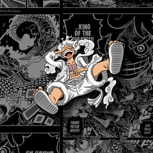 Colorized Luffy Gear 5 over black and white manga panels.