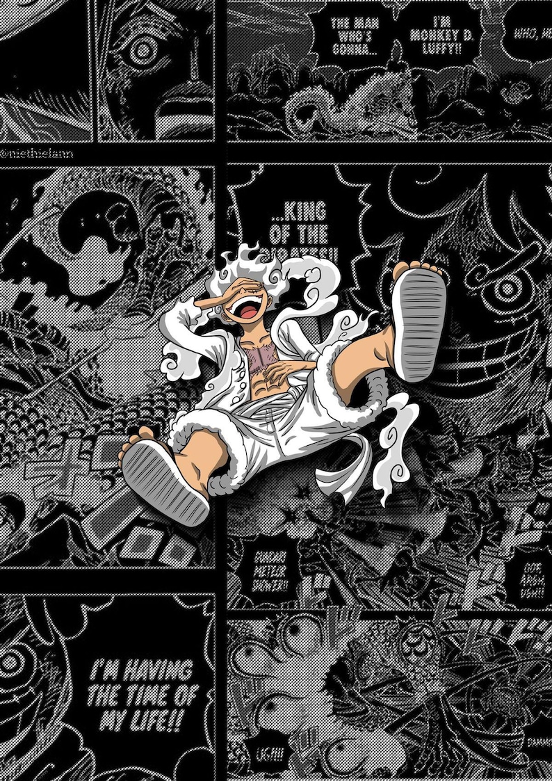 Colorized Luffy Gear 5 over black and white manga panels.