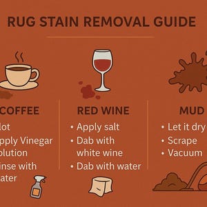 May include: A brown graphic titled "RUG STAIN REMOVAL GUIDE" with instructions for removing coffee, red wine, and mud stains. The coffee section suggests blotting, applying a vinegar solution, and rinsing with water. The red wine section recommends applying salt, dabbing with white wine and water. The mud section suggests letting it dry, scraping, and vacuuming.