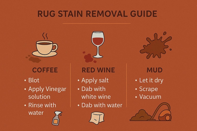 May include: A brown graphic titled "RUG STAIN REMOVAL GUIDE" with instructions for removing coffee, red wine, and mud stains. The coffee section suggests blotting, applying a vinegar solution, and rinsing with water. The red wine section recommends applying salt, dabbing with white wine and water. The mud section suggests letting it dry, scraping, and vacuuming.