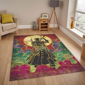 May include: A rectangular rug with a character illustration, holding swords. The design features a red backdrop with a yellow sun, and colourful wave patterns in green, purple, and gold. Suitable for a living room.