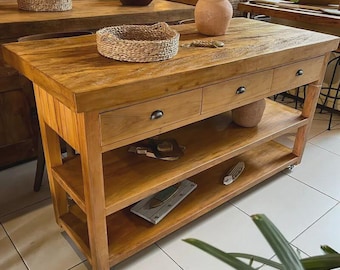 Isla de cocina de madera maciza personalizada, consola de entrada hecha a mano, mesa de mostrador de cocina, decoración moderna de mediados de siglo, mesa de comedor, regalo para el hogar